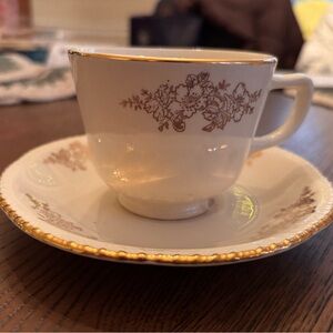 Vintage 1947 Homer Laughlin Teacup & Saucer Gold Floral Trim Made in USA